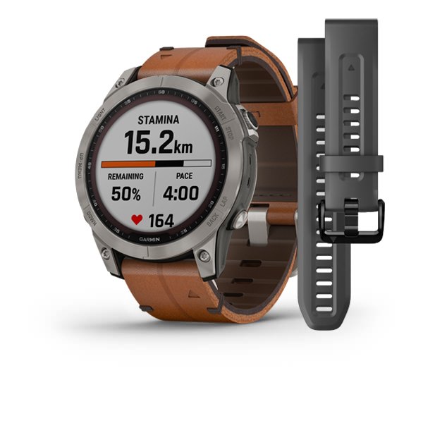 Garmin Fenix 7 Sapphire Solar титановый серый с коричневым кожаным ремешком