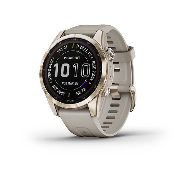 Garmin Fenix 7s Sapphire Solar титановый кремово-золотой с светло-песочным силиконовым ремешком